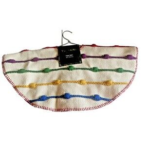 Tahari Tabletop Mini Christmas Tree Skirt Knit Rainbow Pom Pom 22” Round